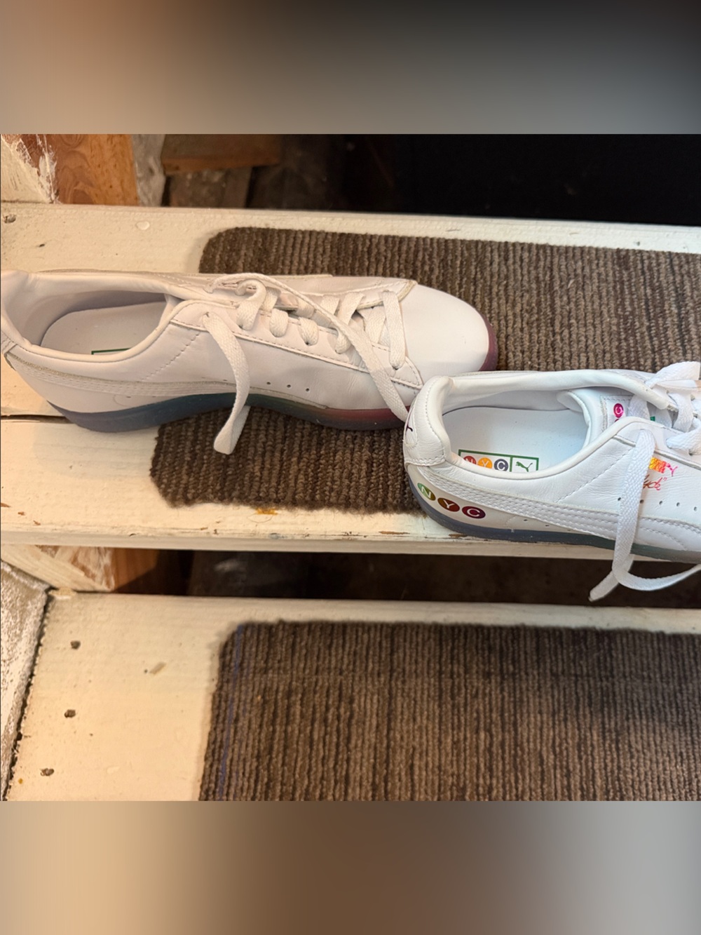 Puma White Sneakers with Rainbow Heel Accents